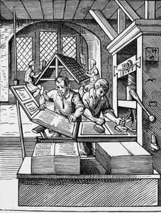 Interiør i et trykkeri fra 1500-tallet, etter en gravering av Jost Amman (1539-91) av English School